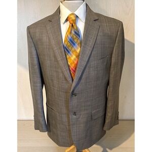 Pronto Uomo Platinum 46R Slim Fit Brown Blue Plaid Wool Rayon Jacket Sport Coat
